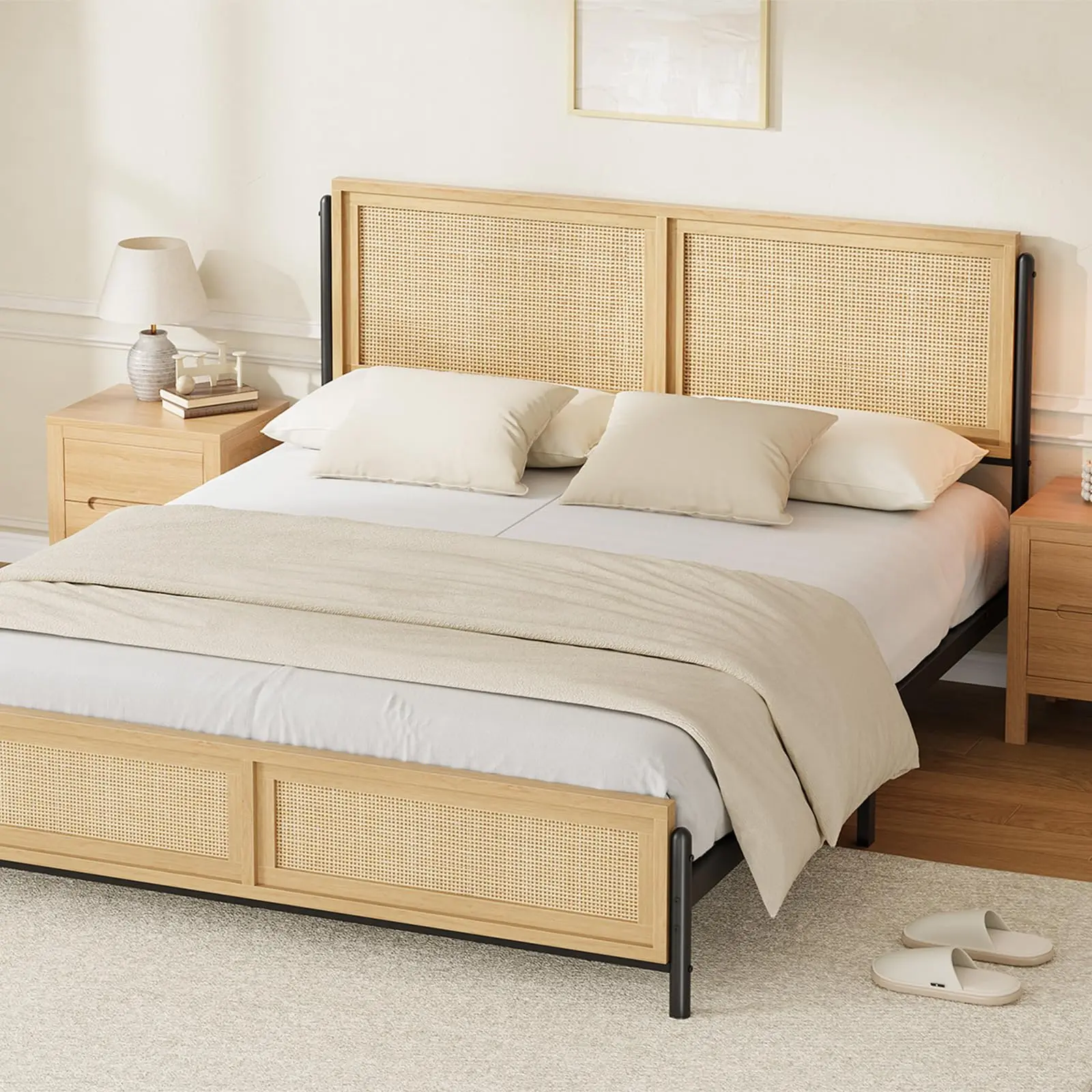 Rattan Headboard Wooden Bed Frame with Boho Style, No Box Spring Needed Platform, Noise Free Easy Assembly