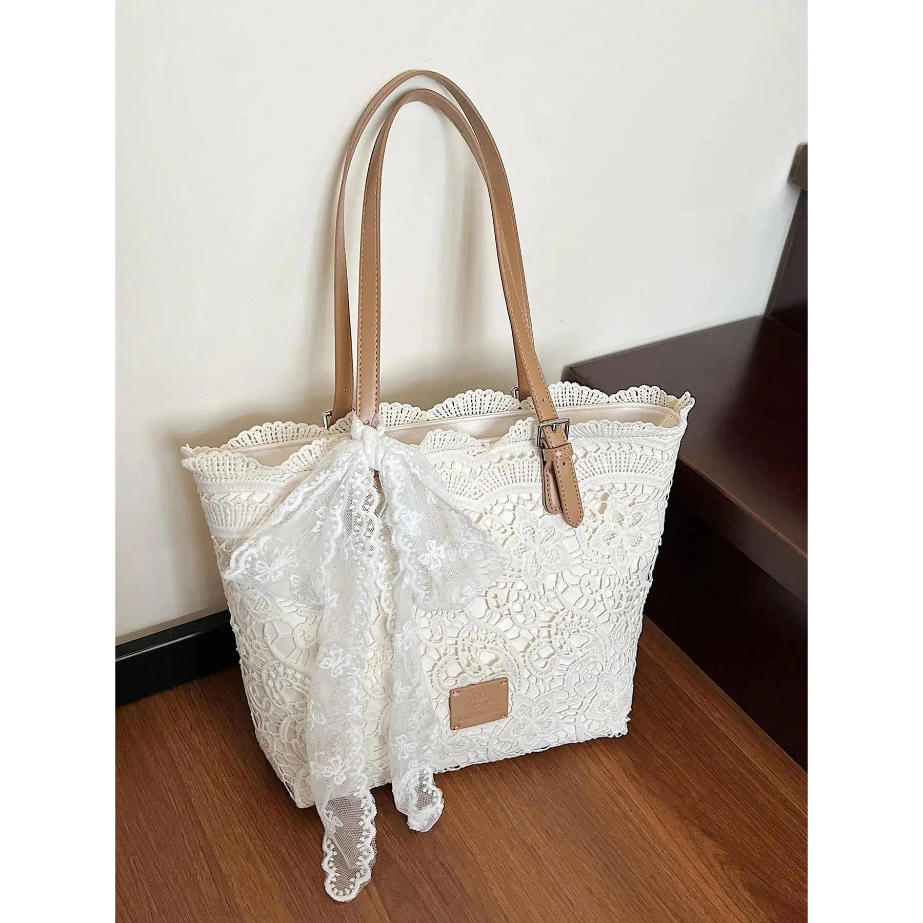 Women's Vintage Lace Tote Bag - Openwork Design, Lightweight Elegant Casual Shoulder Handbag, Bag for Purchase, Everyday Commuter Purse for Shopping, Travel
