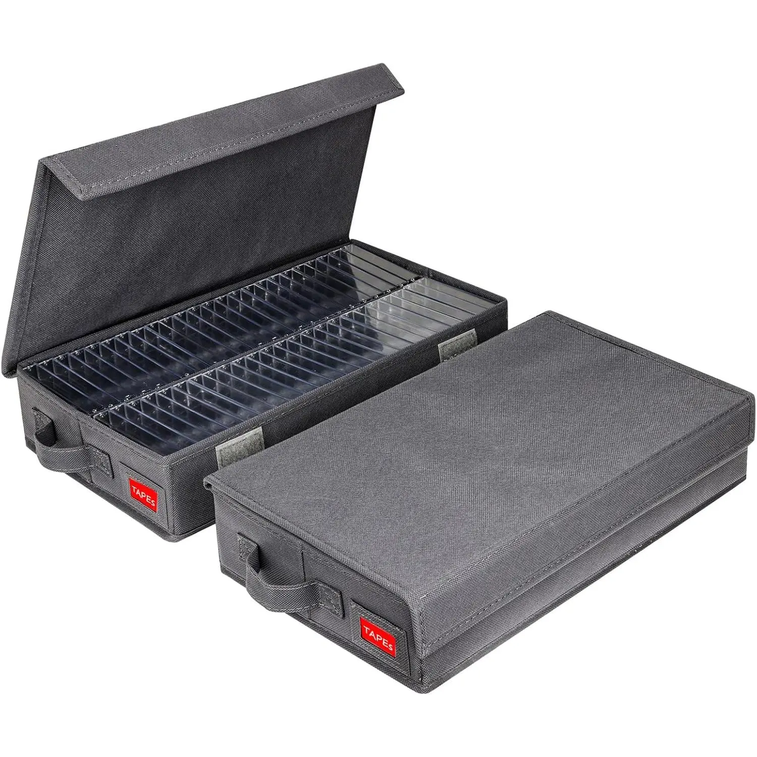 Upgraded Dust-proof Cassette Tape Storage Box with Lid, 2 Pack Audio Cassette Holder Holds 96 Cassette Cases, 16.34 x 9.25 x 3.4 Inches, Grey