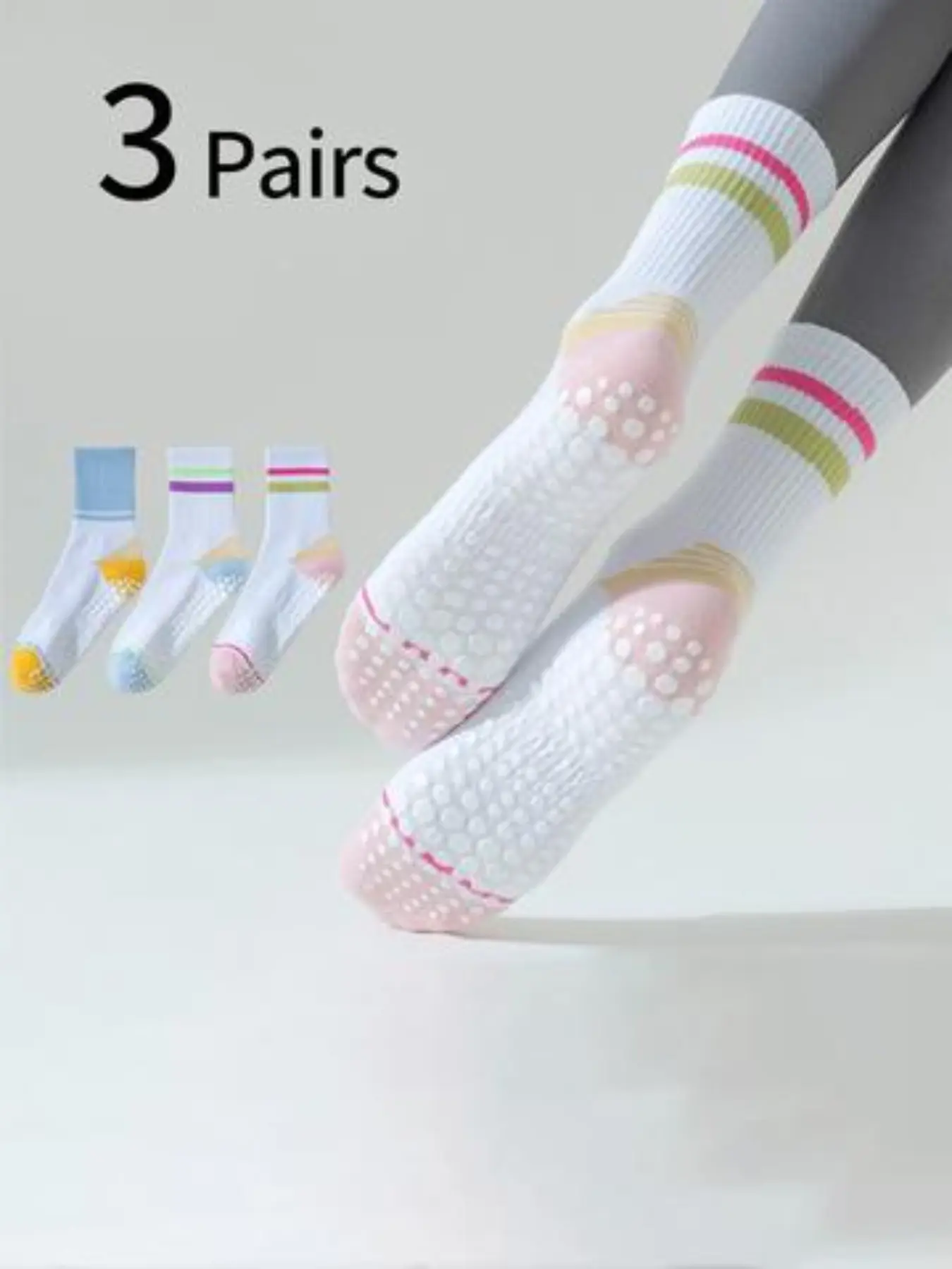 3 Pairs Women's Mid-Calf Yoga Socks, Non-Slip Silicone Sole, Casual Cartoon Pattern, Indoor Fitness Socks, Fitted Crew Style