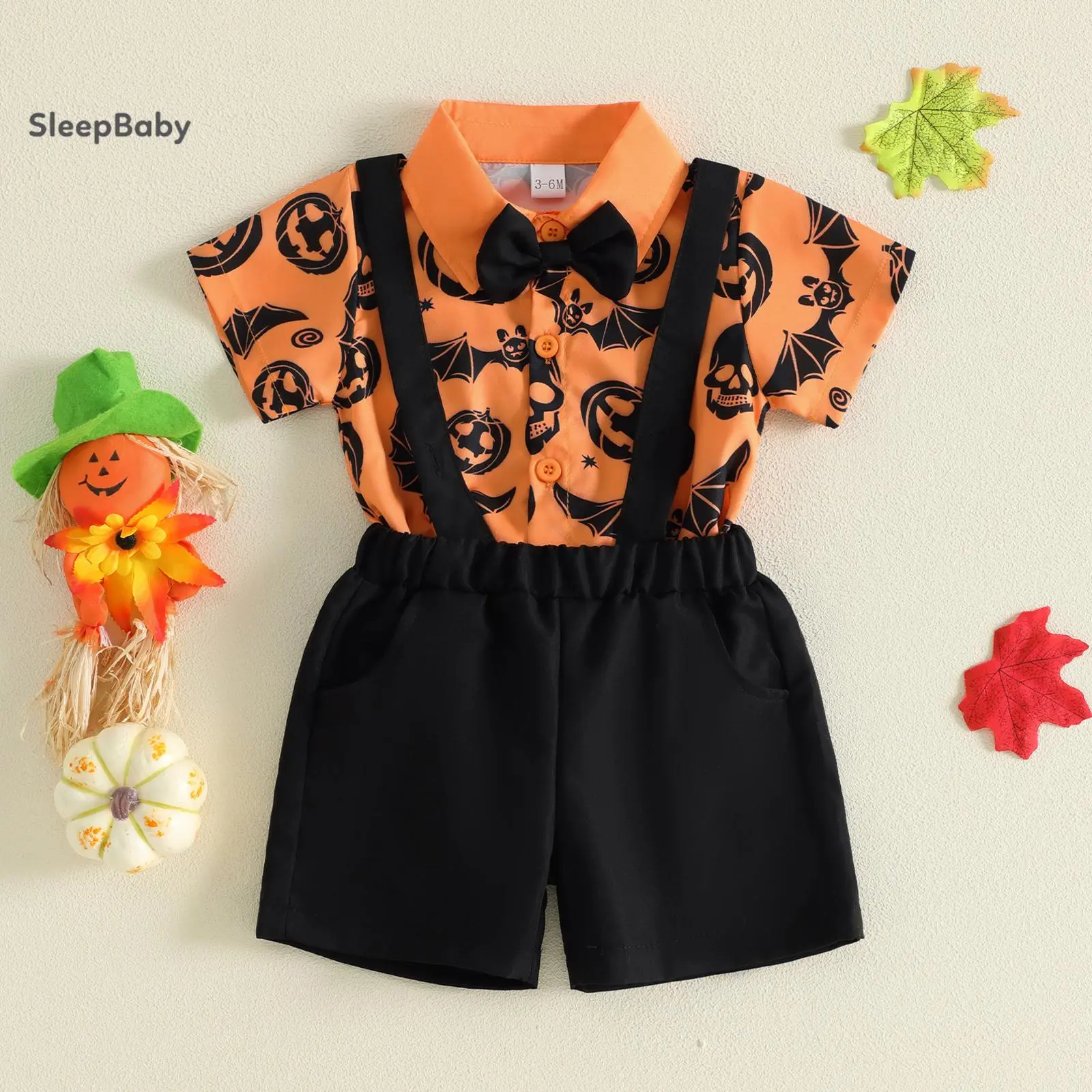 Baby Boy Halloween Outfit Set, Polyester Short-Sleeve Printed Romper with Pumpkin Bat Print & Bow Tie, Solid Black Suspenders & Shorts, Toddler Size Fall Daily Casual Clothes, Polyester Clothes, Short Sleeves