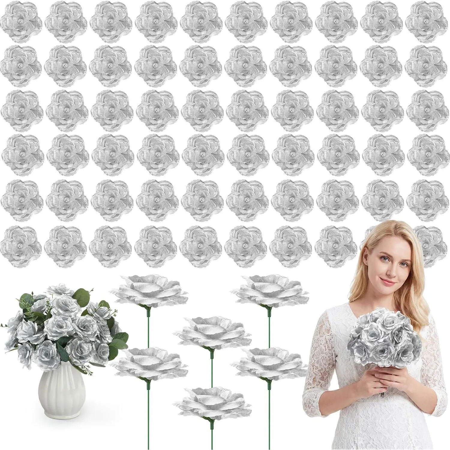 Yunlly 240 Pcs Silver Silk Artificial Roses, Long-Stem Bulk Fake Decorative Flowers Bouquet for Wedding, Home Table Centerpieces, DIY Decor