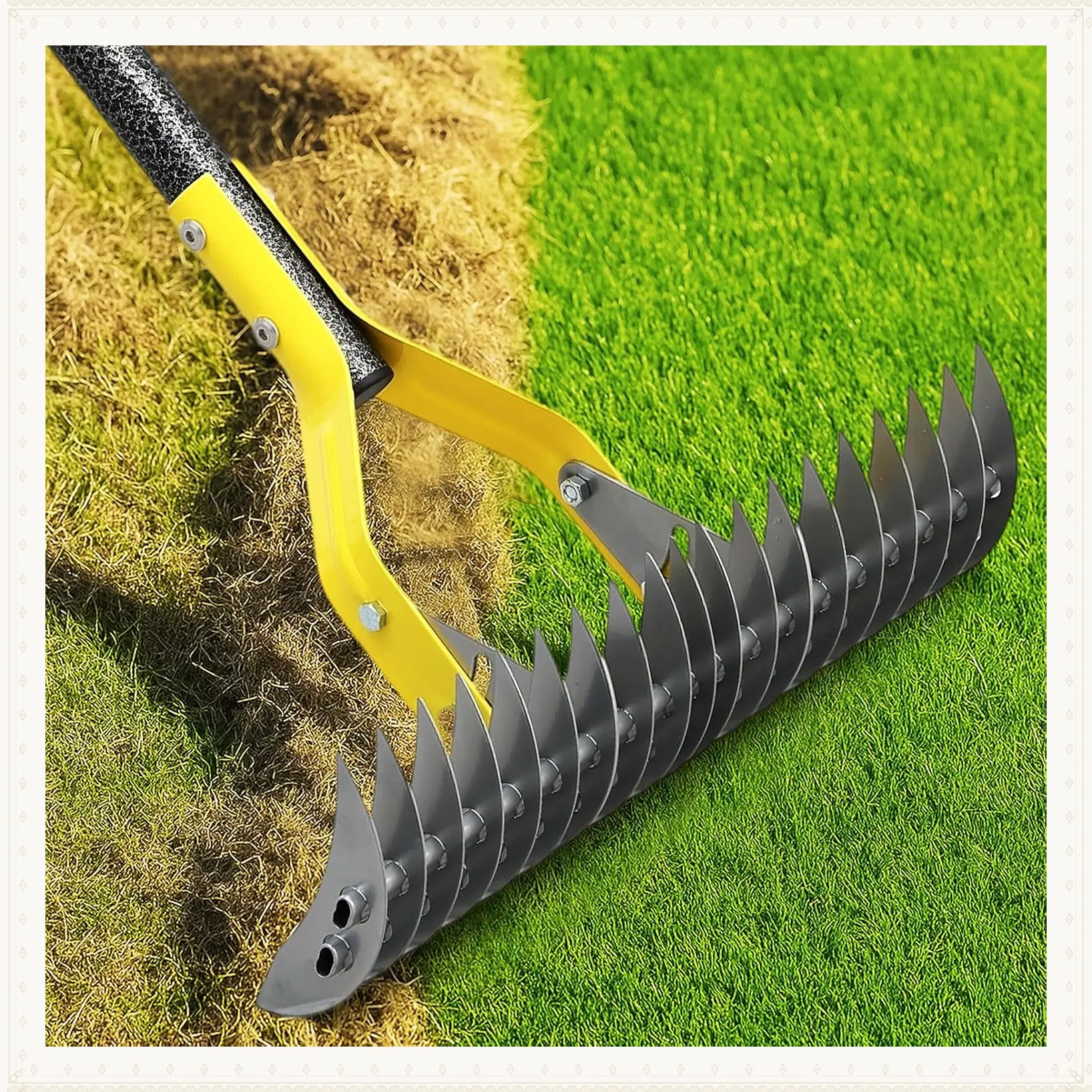 Heavy Duty 15-Inch Dual-Action Thatch Rake with Sharp Blade for Dead Grass Removal, Soil Loosening, and Lawn Dethatching - 70-Inch Manual Thatcher for Yard, Garden, LawnGift