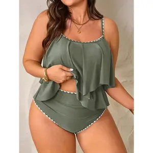 Women's Plus Size Fashion Elegant Slimming Backless Ruffle Two-Piece Tankini Swimsuits Set, Sexy Push Up Style Swimwear Set