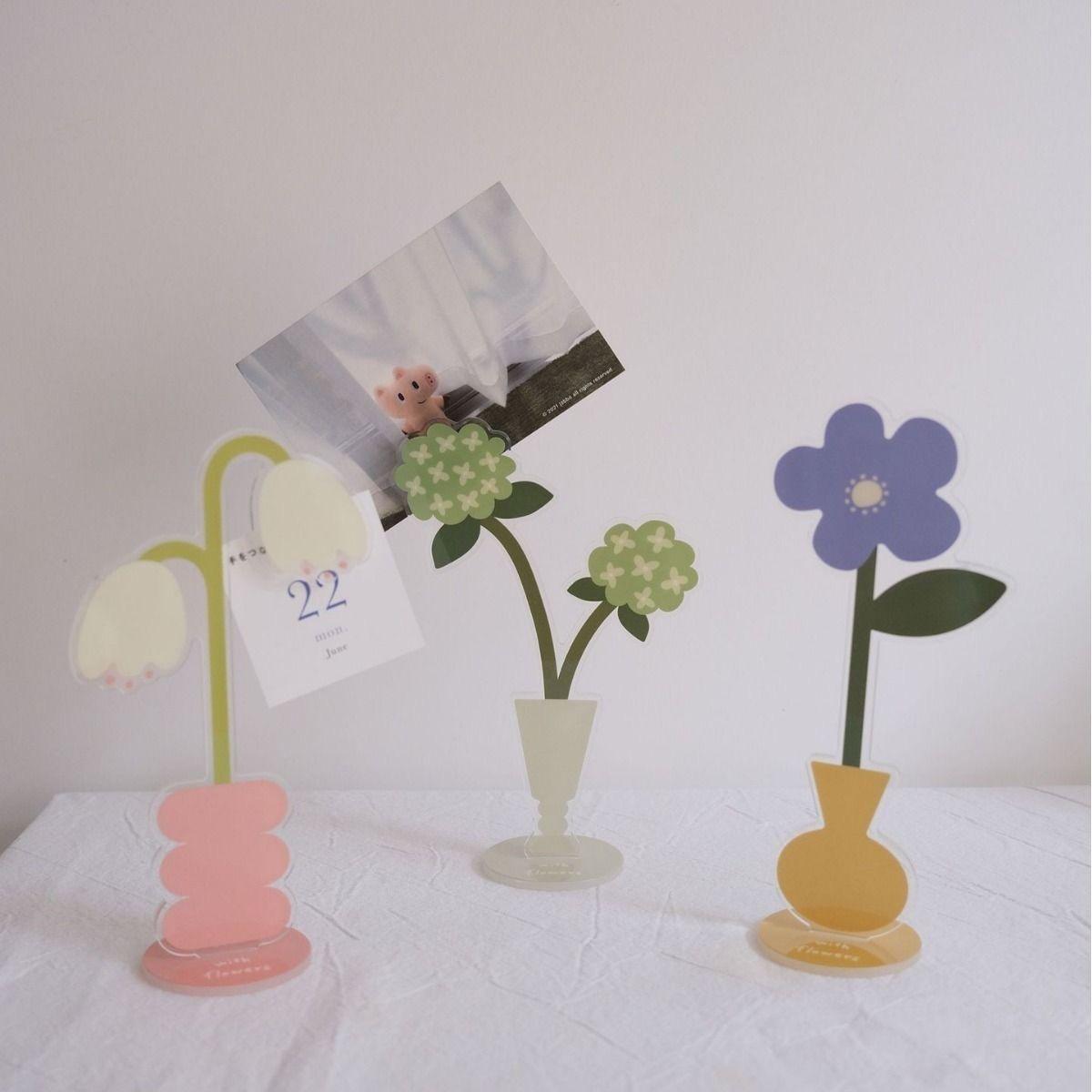 3PCS Acrylic Cute Cartoon Flower Sticky Note Clip Vertical Photo Stand Desktop Decoration for Office Home