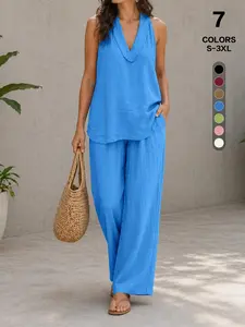 All Season Comfort 2 Piece Loungewear, Deep V Halter Sleeveless Top, Pull on Wide Leg Pants, Breathable Fabric for Night & Day，loungewear set