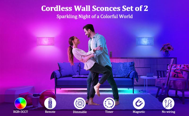 Battery Operated Wall Sconces Set of 2 - Dimmable LED Wall Lights with Remote Control, 15 Color Changeable Wall Mounted Lamps with Fabric Shade, Magnetic LED Wall Light Fixtures for Bedroom Hallway