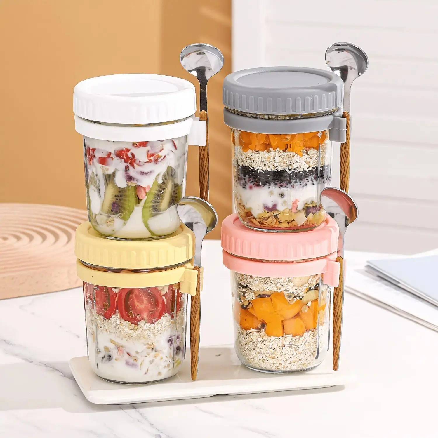 16oz Airtight Glass Overnight Oats Mason Jars - Lidded, Wide Mouth, Single-Serve Transparent Containers with Spoons for Meal Prep, Cereal & Yogurt Kitchen Preserving Canisters, Airtight Canisters, Lidded Jars