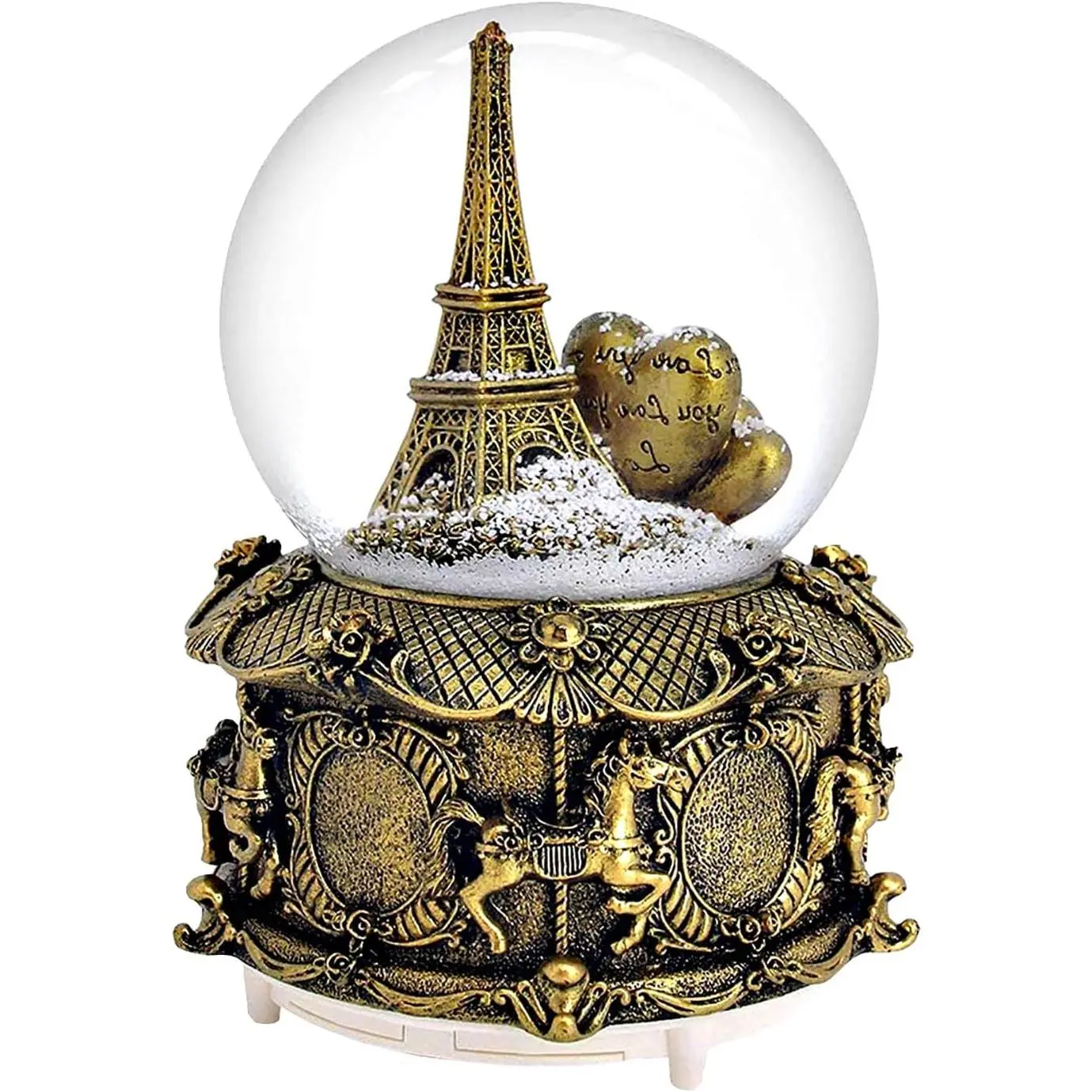 Gold LED Light Music Box Snow Globe - Vintage Eiffel Tower & Embedded Carousel Design - Retro Home Decor Gift for Bookshelf, Office Desk, Tabletop Centerpieces