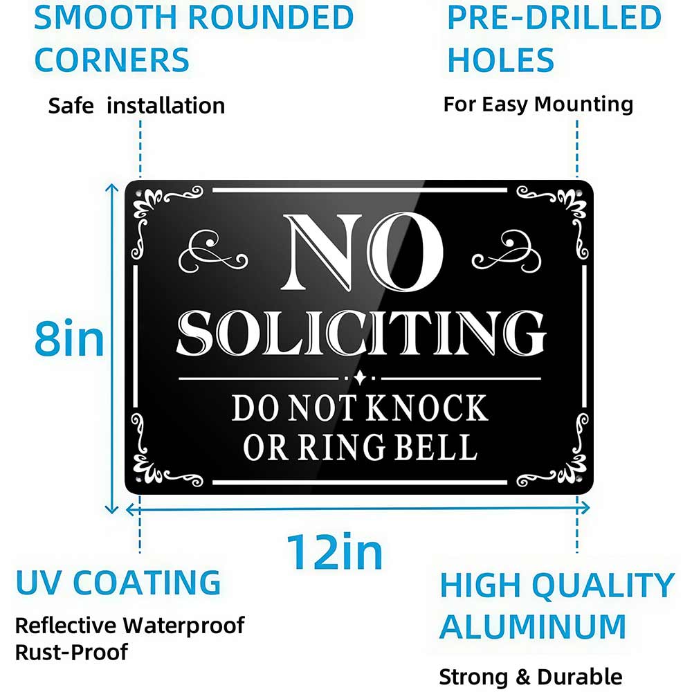 No Soliciting Do Not Knock Or Ring Bell Metal Sign 12x8 In Aluminum, Vintage Front Door Tin Sign, Retro No Soliciting Wall Art for Home, Porch, Entryway, Funny Do Not Knock Plaque, 12x8 Inch Aluminum Sign