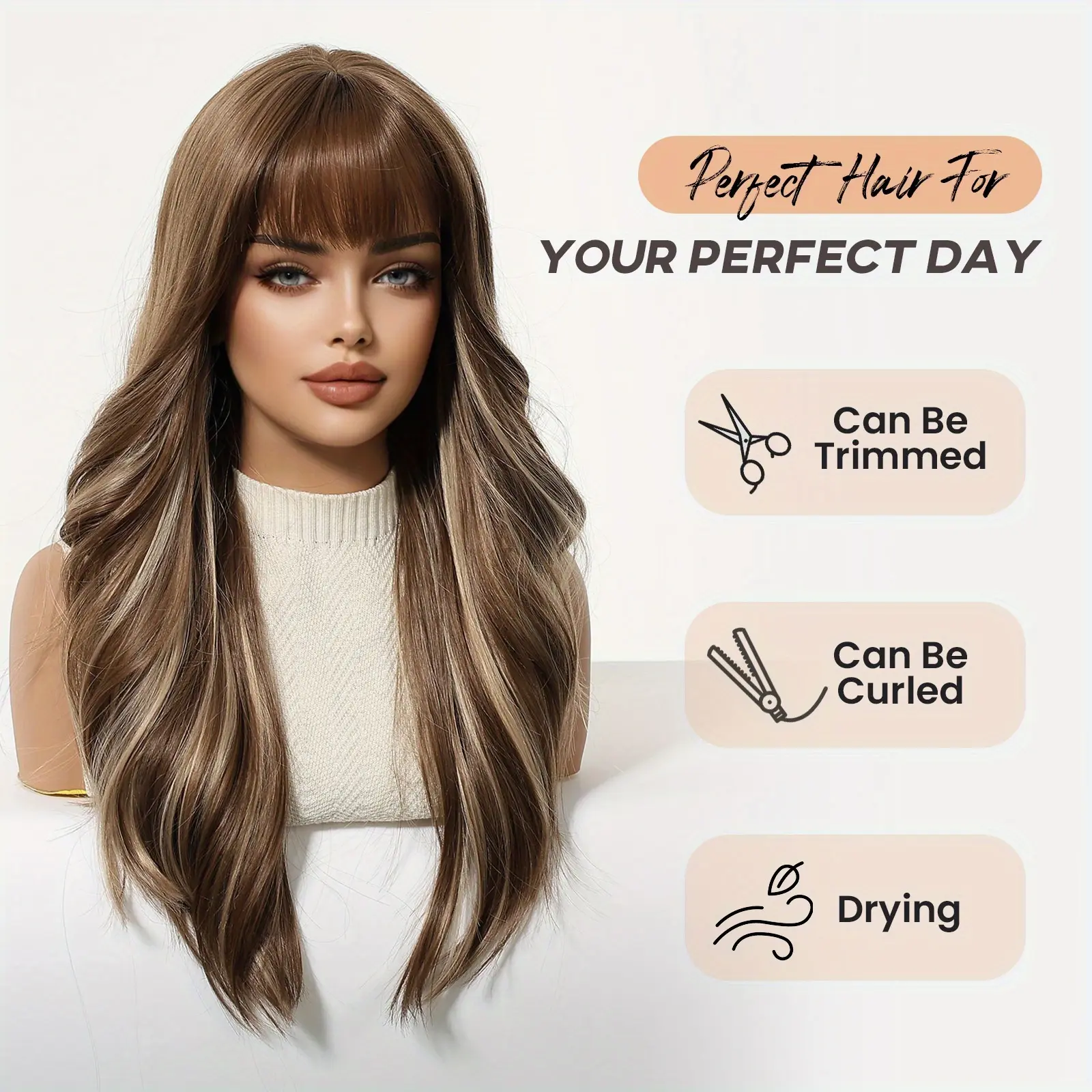 Chestnut Brown & Platinum Highlighted Synthetic Wig, 24-Inch Long Wavy Style with Air Bangs, Beginner-Friendly Lace Front for Daily Wear & Cosplay, Brown Hair Synthetic Lace Front Wigs, Long Wavy Bang Synthetic Lace Front Wigs