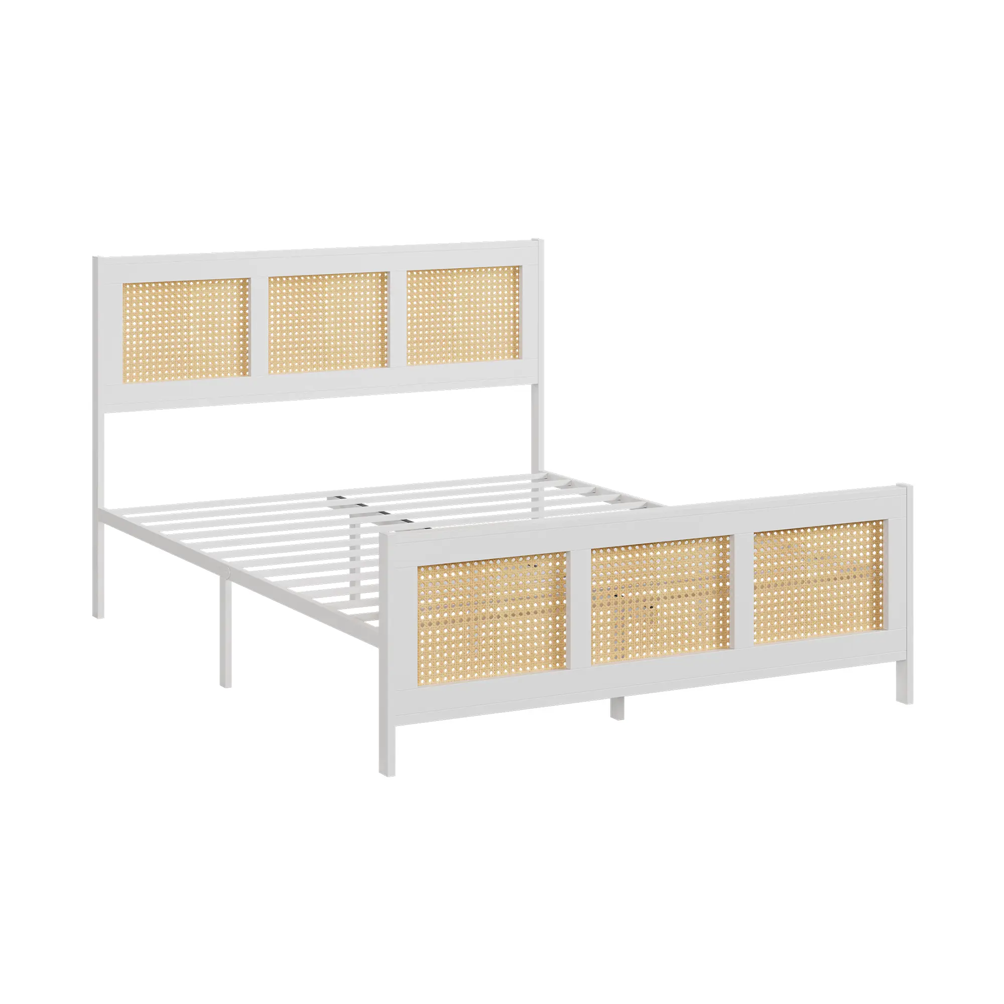 Boho Rattan Bed Frame with Rattan Headboard – Sturdy Metal Slat Platform, Noise-Free, No Box Spring Needed, Easy Assembly, Underbed Storage
