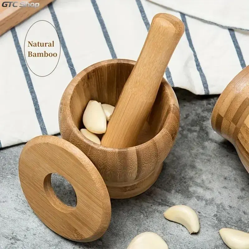 1 Set Premium Bamboo Mortar and Pestle, Effortless Spice Grinder for Garlic, Herbs & Chili, Rust Resistant Kitchen Tool for Homemade Sauces and Dressings