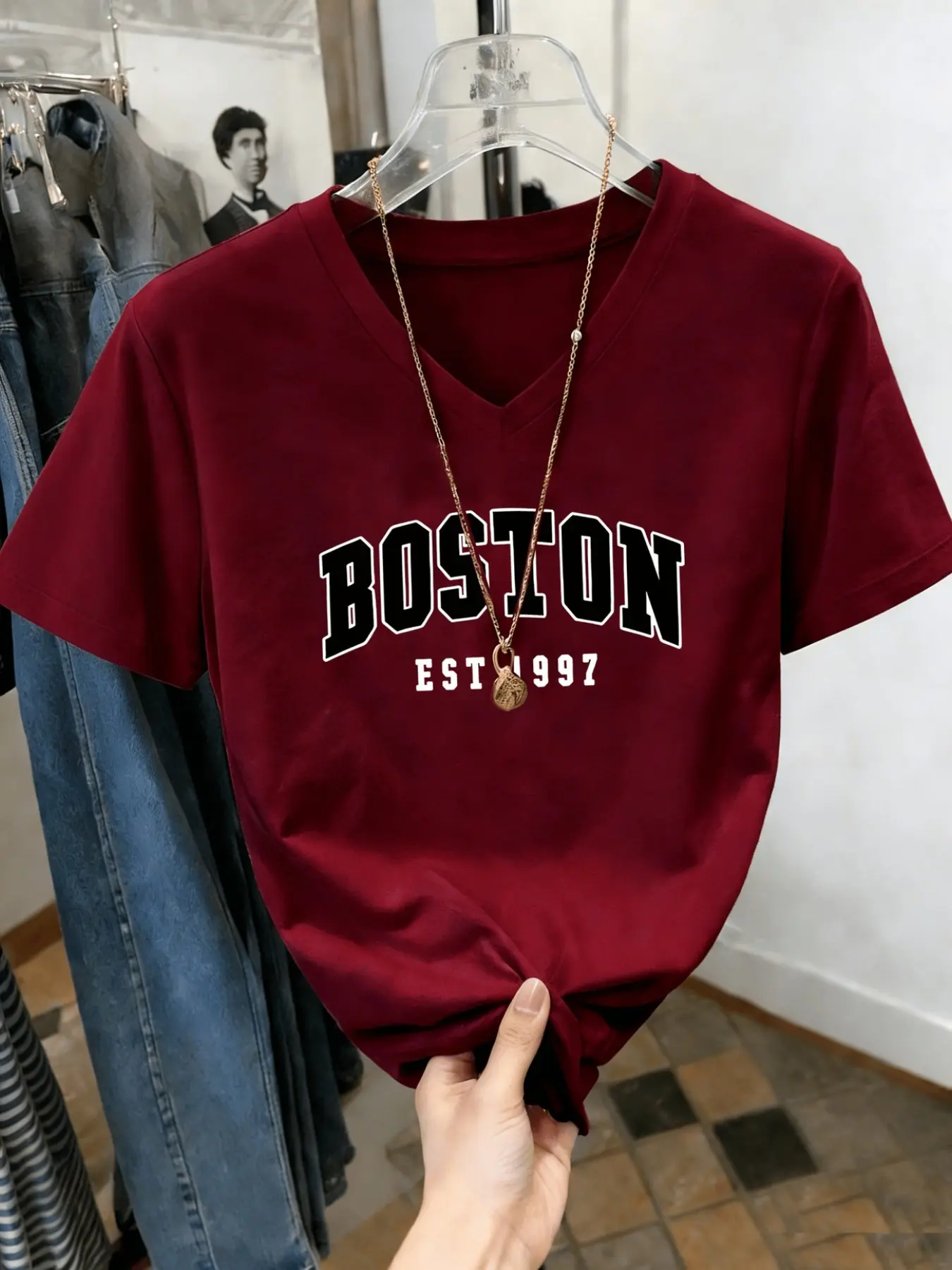 Women's V-Neck Short Sleeve T-Shirt, Boston Letter Print, Casual Fitted Top, Soft Comfortable Fabric, All Seasons, Everyday Casual Top