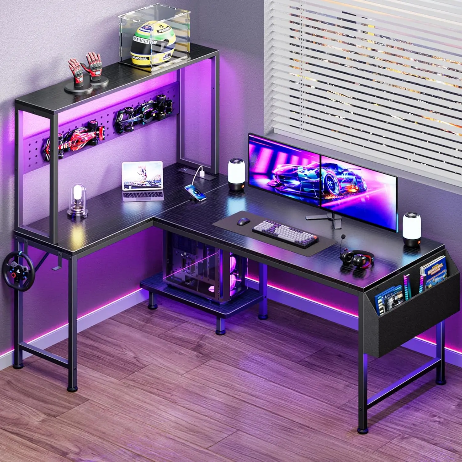 51.2" L Shaped Gaming Desk with Power Outlets & USB-C Port, LED Lights,  Desk with Pegboard, Corner Desk with Storage Shelves & Bag, Office Desk with CPU Stand for  Office, Black