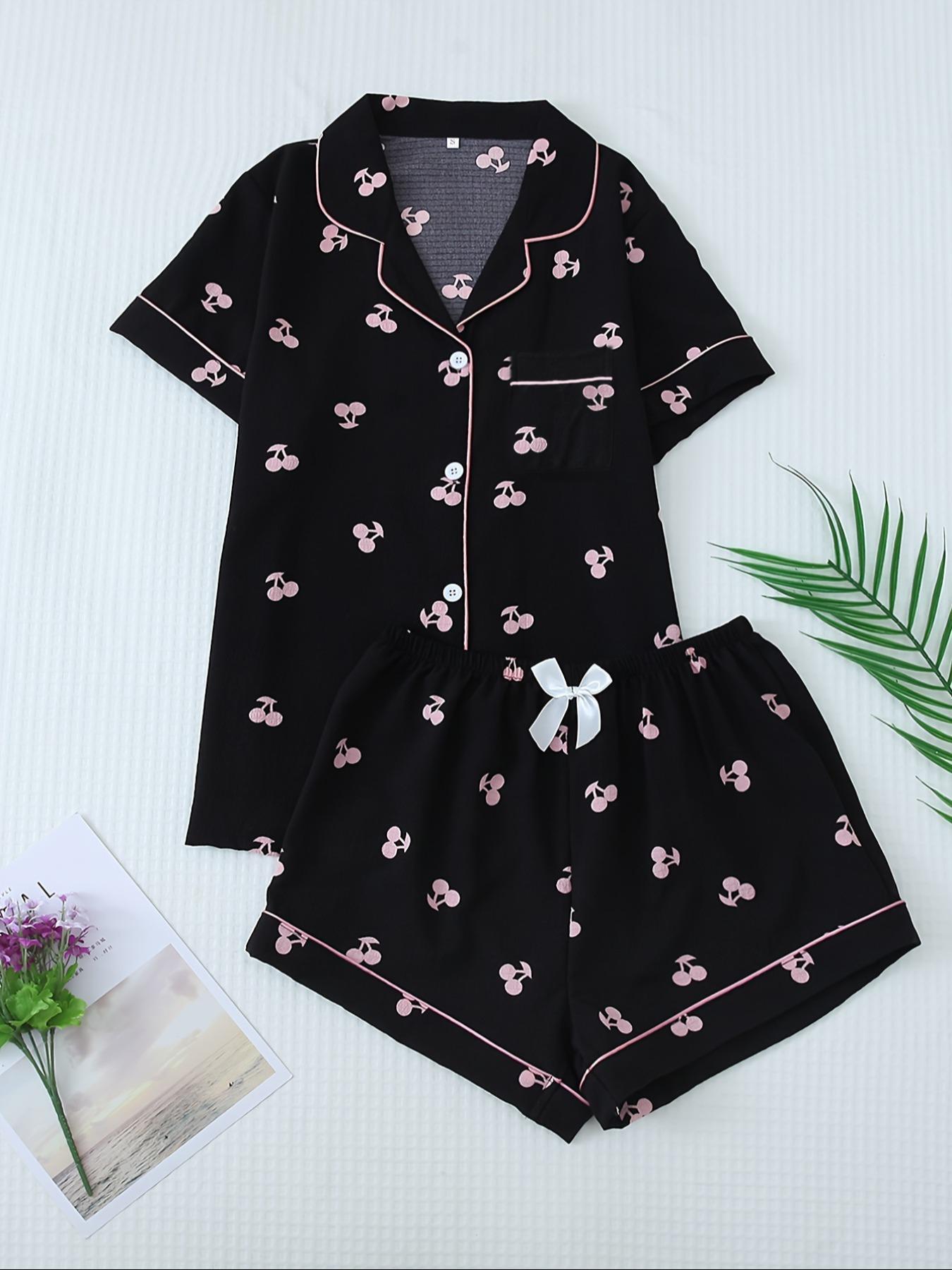 Two-Piece Set Women's Cherry Print Contrast Binding Lapel Shirt & Bow Decor Shorts Pyjama Set, Button Front Short Sleeve Sleep Top & Elastic Waist Shorts PJ Set, Summer Sleepwear Set for Ladies, Pajamas, Loungewear