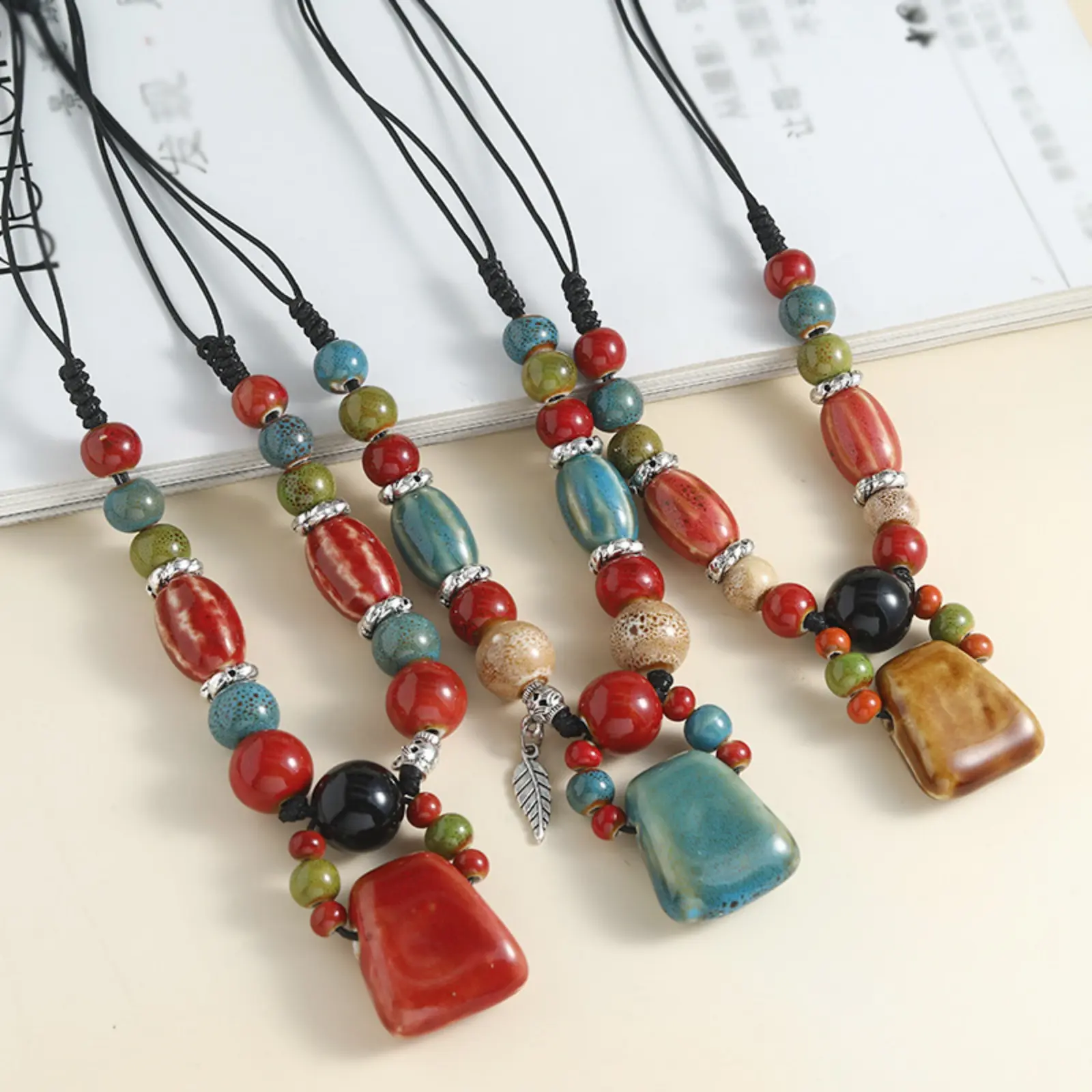 Boho Vintage Ceramic Beaded Necklace, Colorful Axe & Bean Shape Pendant, Ethnic Style Long Sweater Chain, Simple Layering Neck Jewelry, Versatile Accessory For Daily Outfits & Vacation Styling
