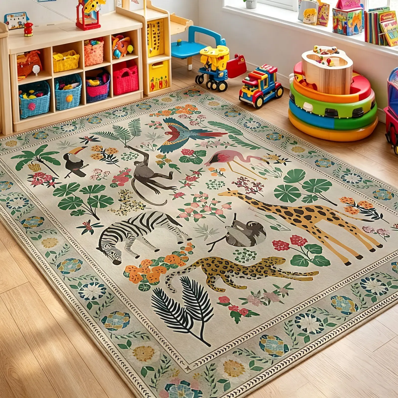 1pc Boho Chic Wildlife Jungle Area Rug, Watercolor Safari Animals & Geometric Border Pattern, Plush Low-Pile Stain-Resistant Machine Washable Carpet, Fun Whimsical Home Decor for Game Room, Living Room, Ideal Back-to-School Gift & Room Decor