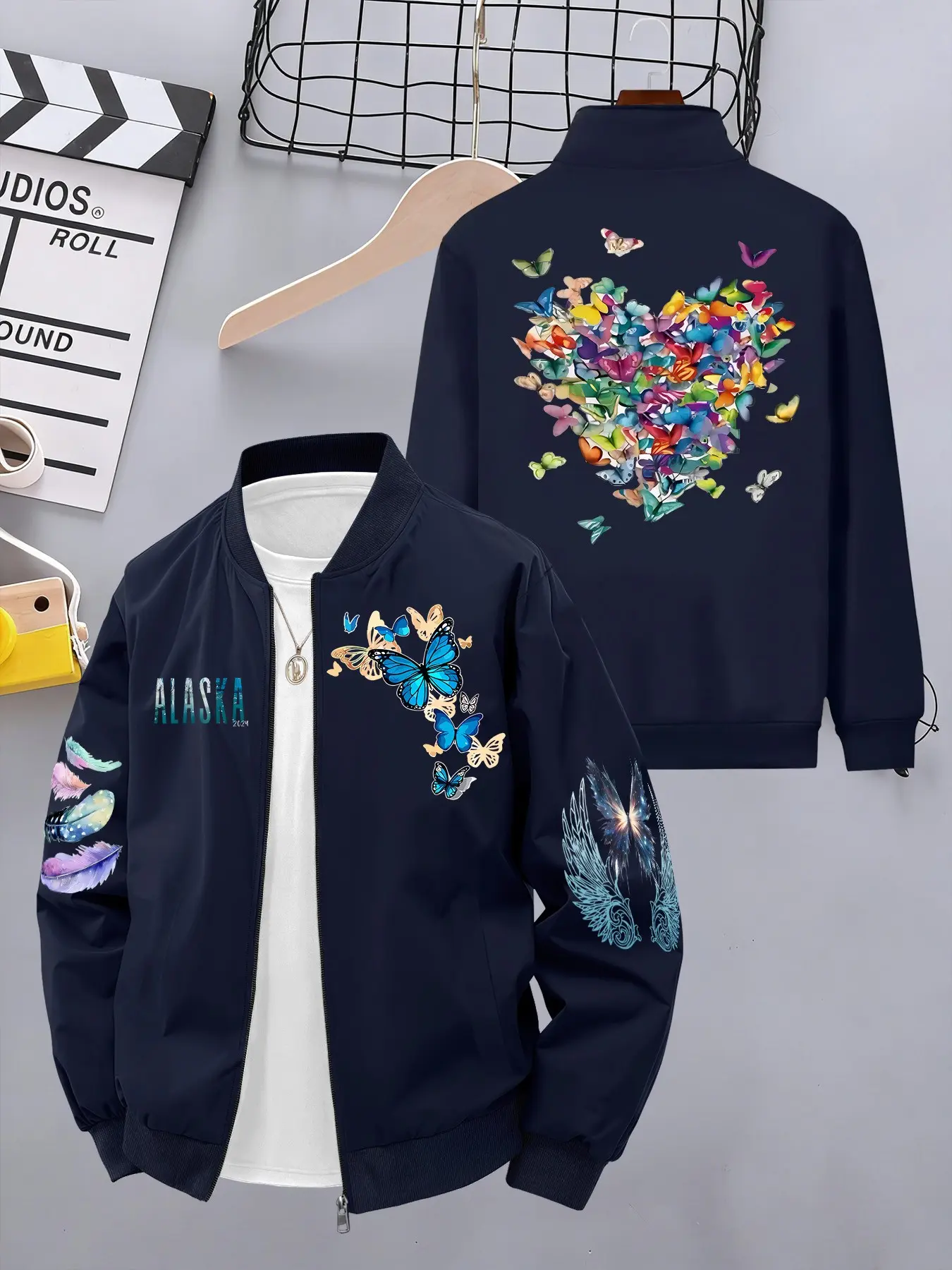 Dreamy Butterfly Theme Baseball Jacket, Casual Geometric Pattern, Long Sleeve Fitted Outerwear, All Seasons, Plain Surface, Unlined
