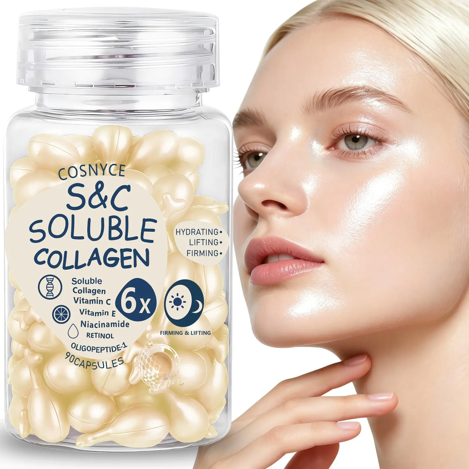 Cosnyce Collagen Capsules with Vitamin C, E, Niacinamide, Retinol, Hydrating, Lifting, Firming Facial Care, 90 Capsules