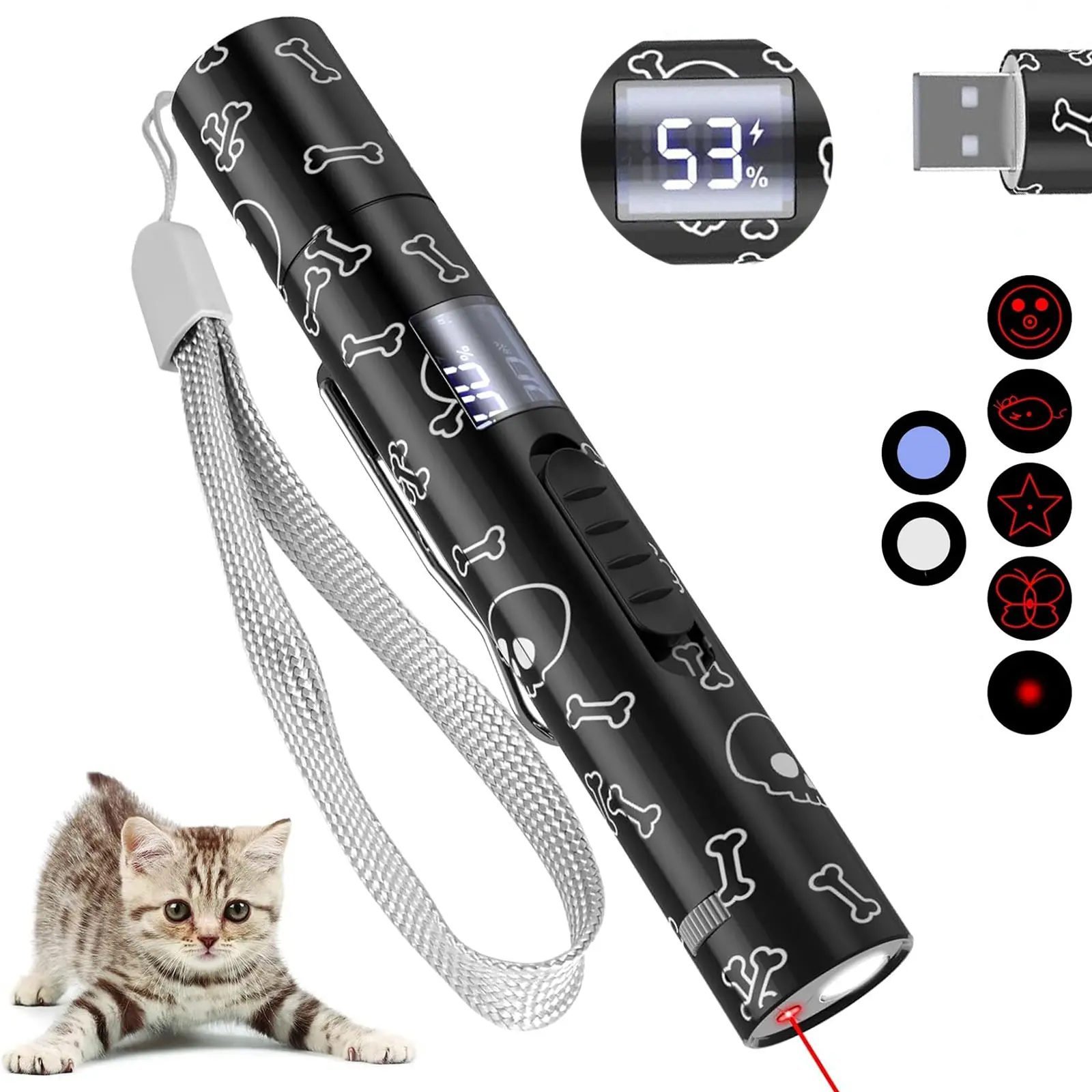 7-In-1 Digital Display Pet Laser Cat Toy, USB Rechargeable, 5 Adjustable Modes, Training, UV Detection, Indoor Use, Suitable for Cats and Dogs, Rechargeable Laser Pointer