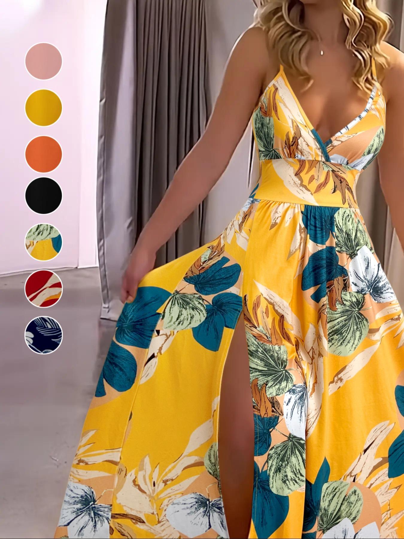 Women's Plain Fitted Criss Cross Backless Split Thigh Cami Dress, Elegant Tie Back Ruched Sleeveless Long Dress for Party Holiday Wedding Guest, Ladies Summer Clothes