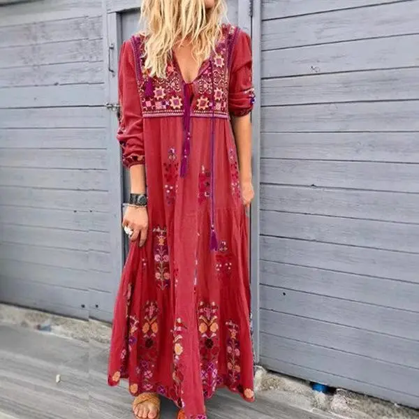 Bohemian European and American Style Printed Floral Patchwork Long Dress Fashion Drawstring Tie Long Sleeve Summer Casual