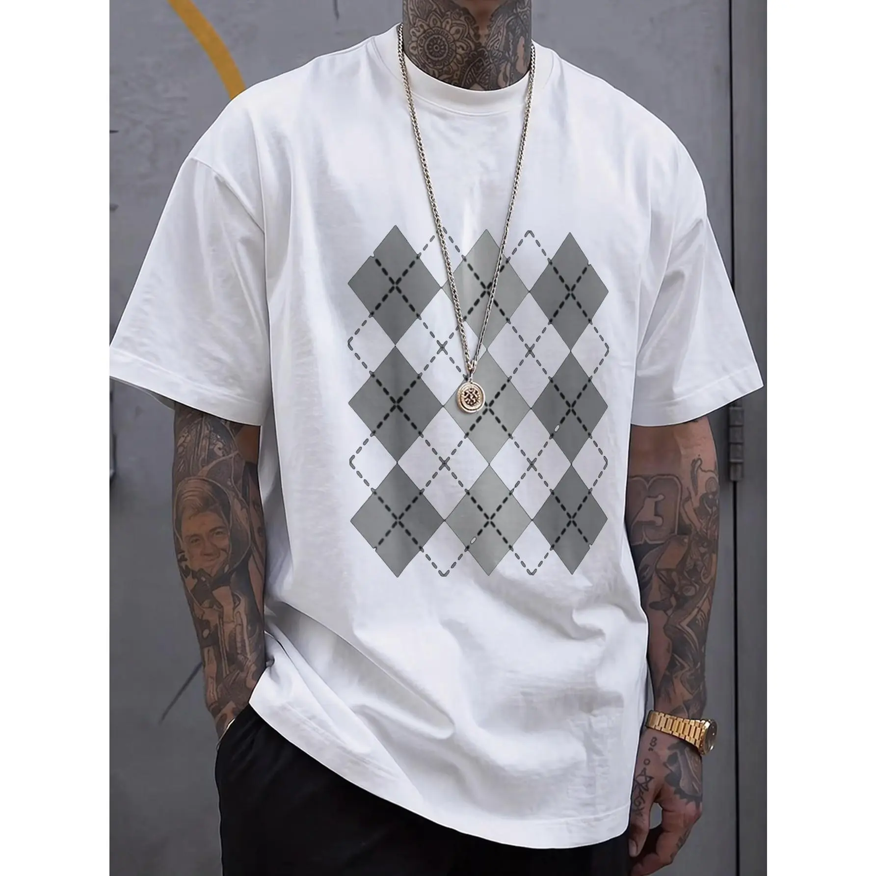 Argyle Black White Graphic T Shirt for Women Men Unisex Short Sleeve Tee Classic Diamond Pattern Print Shirt Casual Streetwear Vintage Style Idea