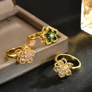 1.9cm Copper Zirconia Flower Ring for Women, Rotatable Stress Relief Open Artificial Gemstone Ring, Luxury Creative Statement Ring, Zircon Embellished Fashion Jewelry Gift
