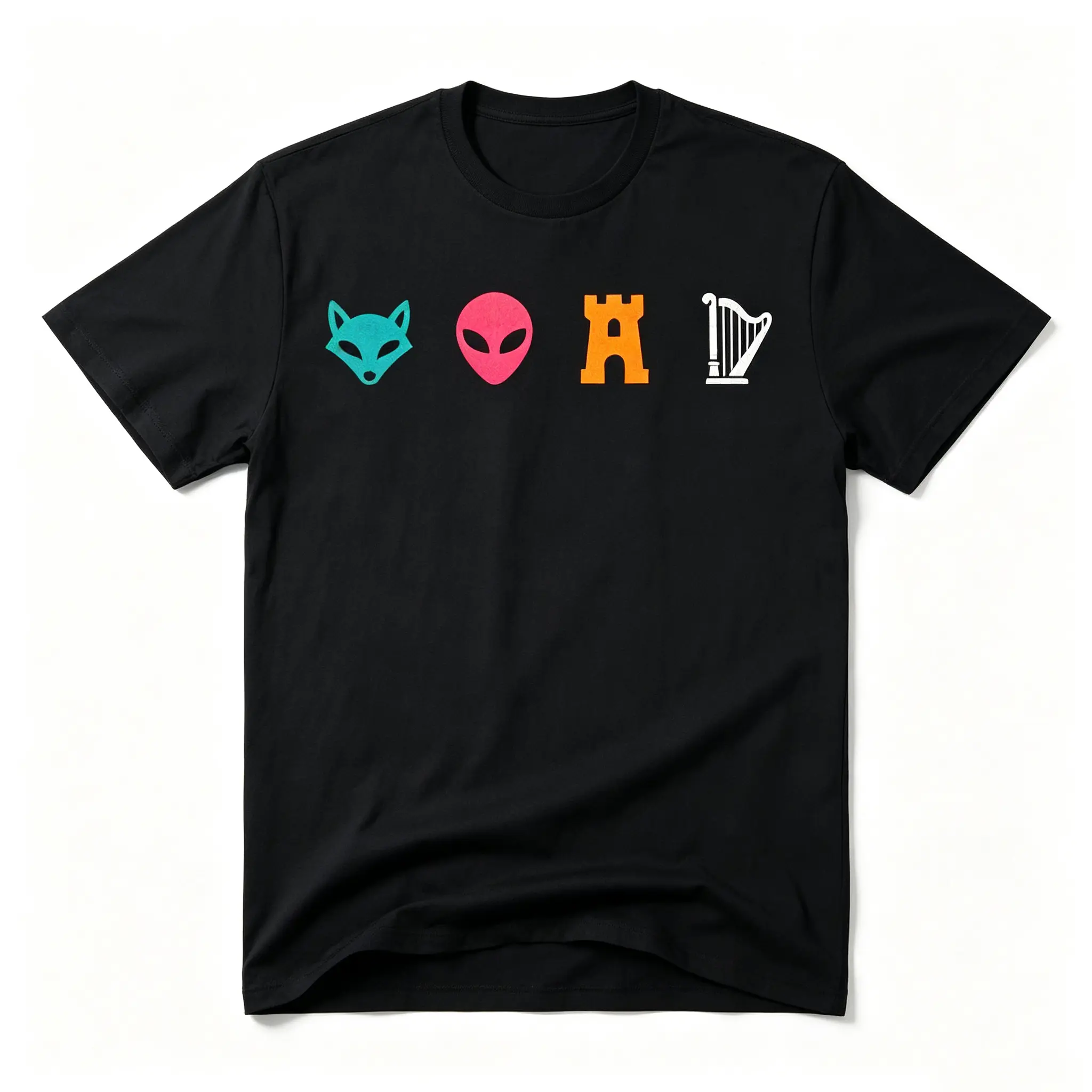 Fox Alien Castle Harp Colorful Graphic T-Shirt, Unique Mystery Symbols Trendy Casual Tee For Men Women, Cool Weird Aesthetic Streetwear Shirt