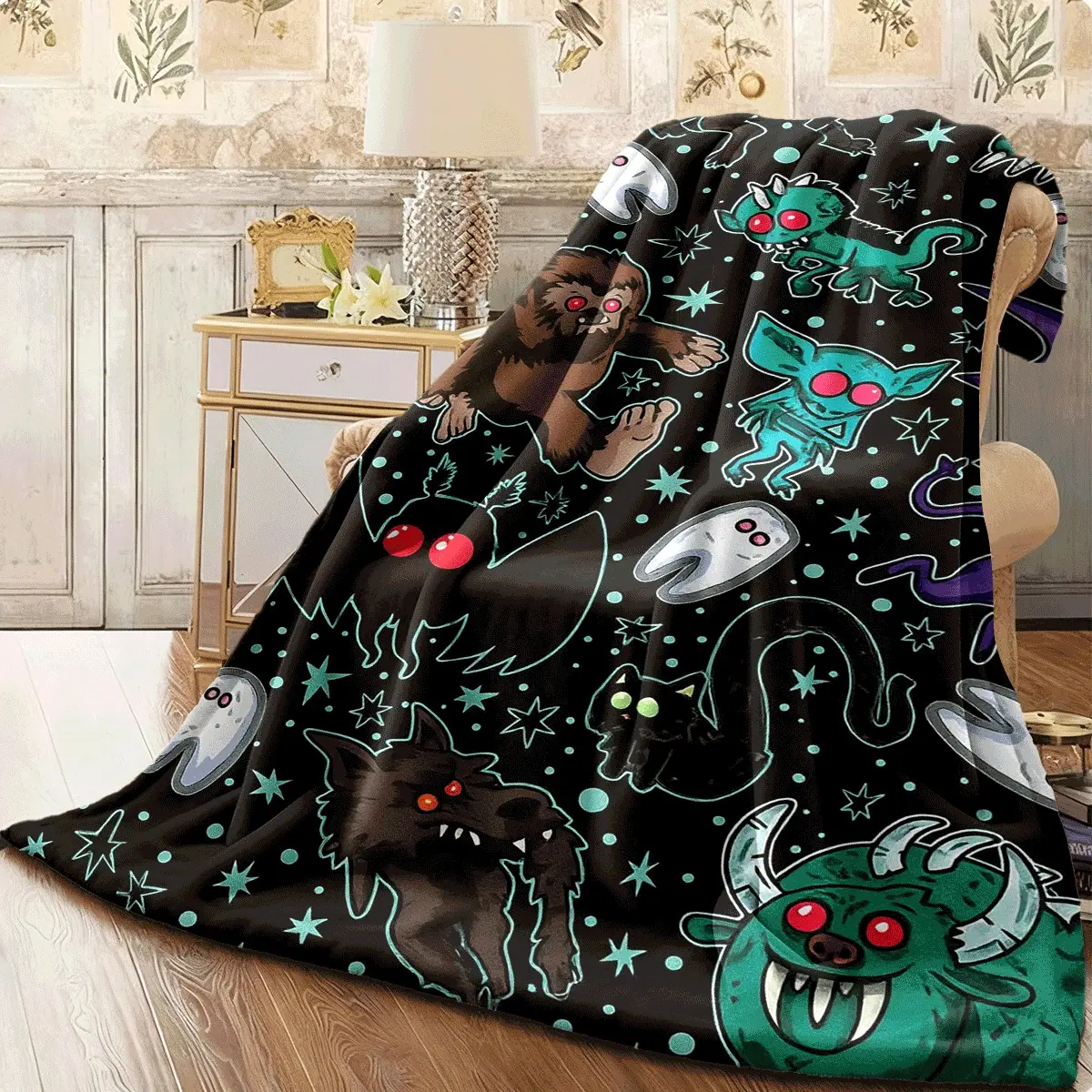 Cryptid Creature Doodle Pattern Flannel Throw Blanket Bigfoot Mothman Werewolf Ghost Spooky Monster All Over Print Warm Blanket Gift Cryptid Fans All Ages