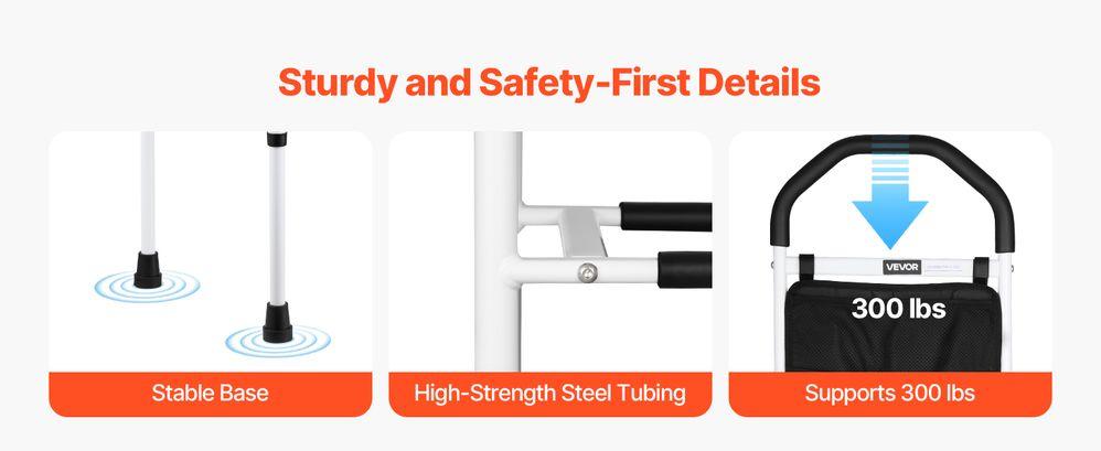 Bed Rail for Elderly, Bedside Assist Rails with Supporting Leg and PU Handrail, Adjustable Height Carbon Steel Pipe Bedside Cane, Bed Bars for Seniors & Patients, Fits King, Queen, Full, Twin