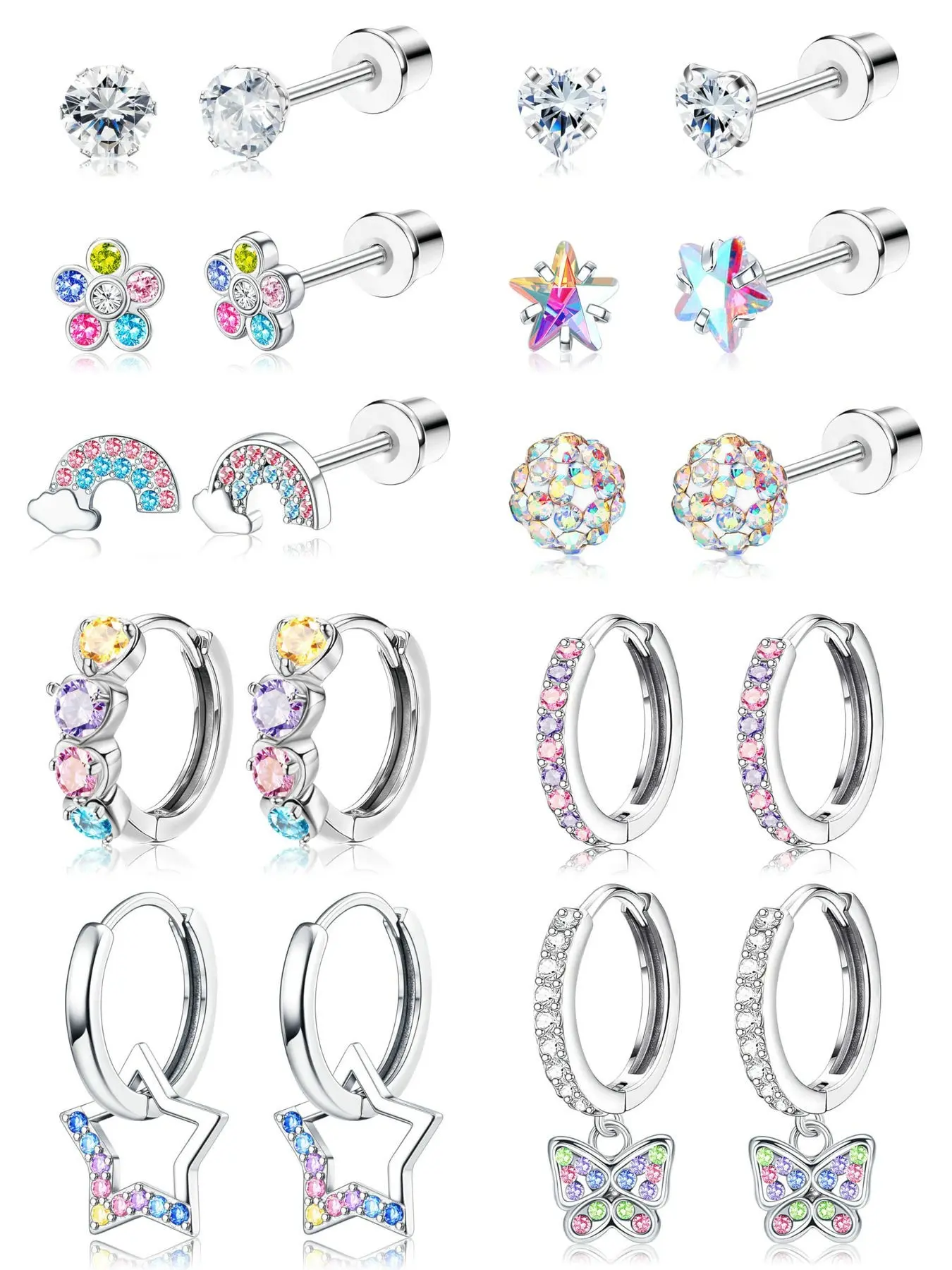 PHRUKAR Hypoallergenic Earrings For Girls Women Surgical Stainless Steel 10 Pairs Flat Back Star Butterfly Earring Stacking Set For Sensitive Ears Kids Earrings Toddler Cute Girls