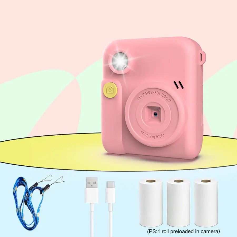 Instant Print Mini Camera Toy, 1080P Dual Lens Digital Camcorder, Thermal Printer, Includes 3 Rolls Paper & Lanyard, Perfect Gift