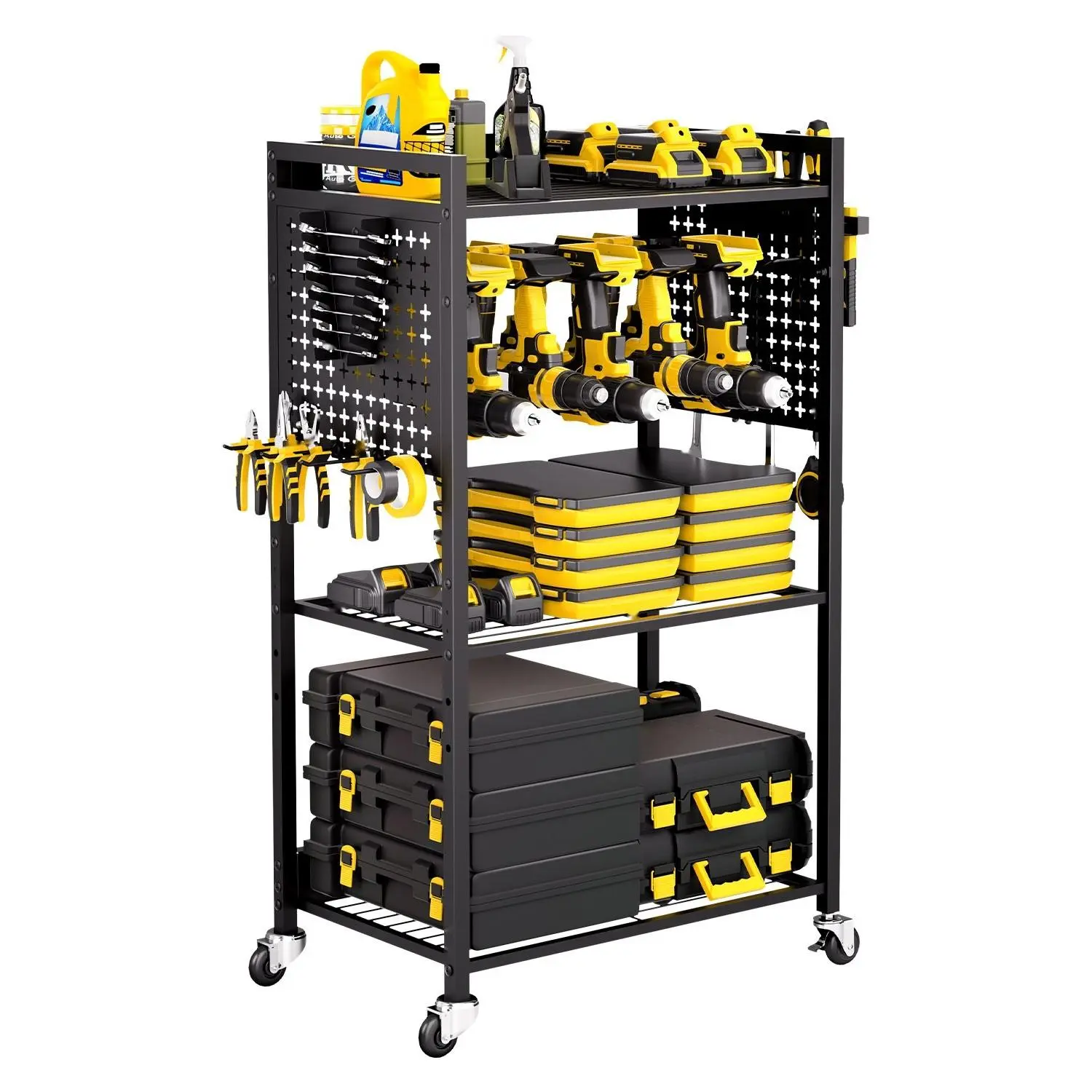4-Tier Tool Organizer Cart On Wheels, 150-Lb Capacity Garage Cart For Workshop, Mobile Tool Trolley For Organization, Industrial Steel Frame, Locking Casters, Ample Storage Bins, Easy Access Tools And Parts