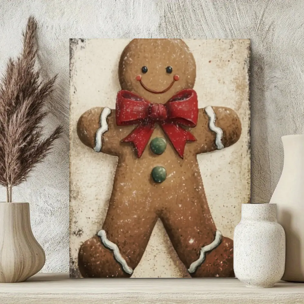 Vintage Christmas Wall Art, Canvas Print, Cute Gingerbread Man With Red Bow Tie And Green Buttons, High Definition Giclee Printing On Stretched Canvas, Holiday Home Decor For Living Room Bedroom Mantel, 1 Piece Unframed