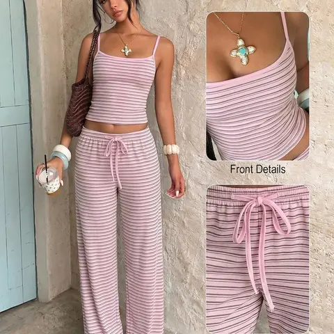 Y2K Women's Soft Stretchy Striped Knit 2-Piece Set, Adjustable Drawstring-Waist Wide-Leg Pants and Cami Crop Top, Breathable Loose-Fit Summer Loungewear for Beach Vacations and Weekends Clothes