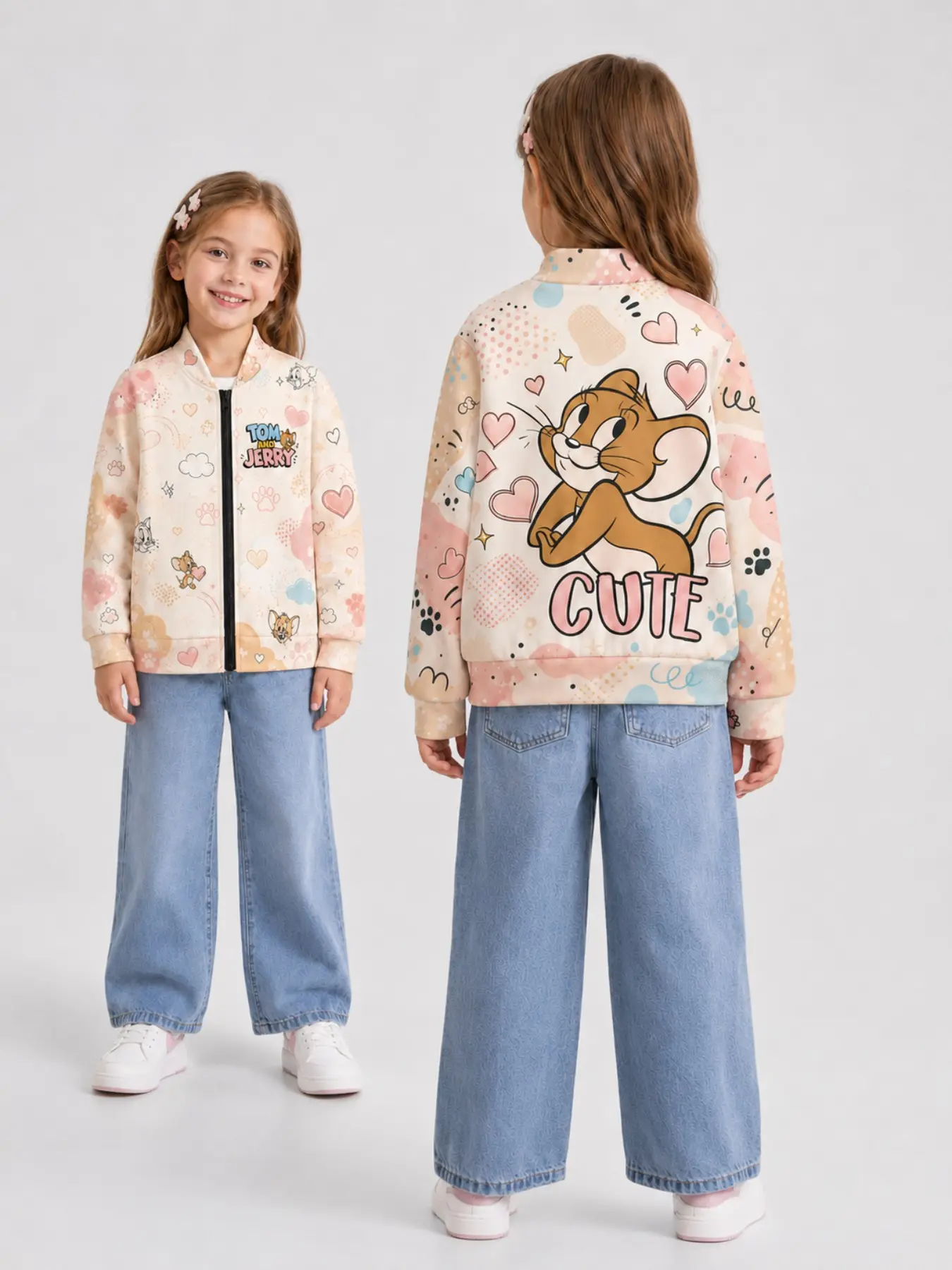 Warner Bros Tom and Jerry Kids Jacket, Casual Cute Outerwear, Long Sleeve Zipper Coat, All over Print, Slim-Fit, Fall Fashion, Boys Girls Clothing, Ages 6-14