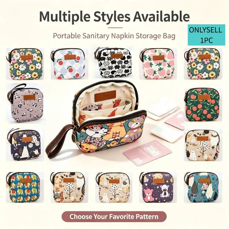 Cute Cartoon Sanitary Pad Storage Bag, Waterproof Fabric, Dual Layer, Period Organizer, Portable Tampon Case, Multi-Functional Travel Cosmetic Pouch, Makeup Bags