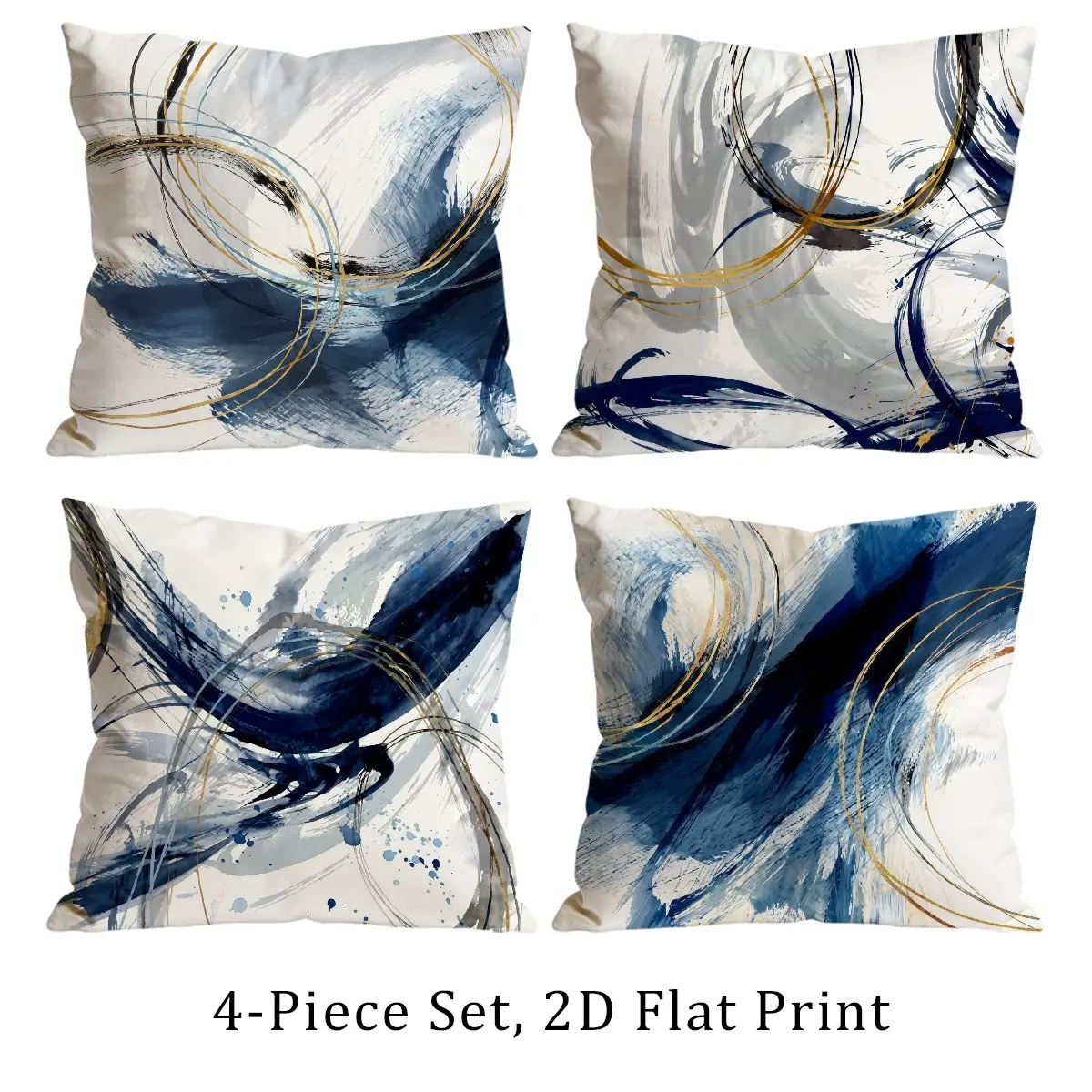Set of 4 Ink Blue Gold Ring Brush Abstract Throw Pillow Covers, 2D Flat Print, Luxury Decorative Cushion Cases for Sofa, Living Room & Bedroom 0624X