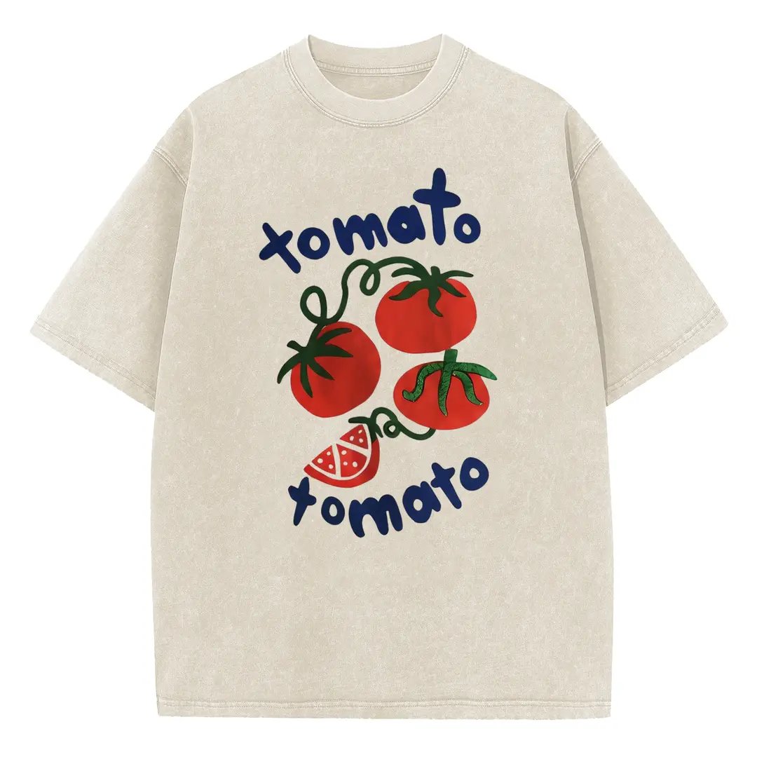Holafish Women’s Acid Washed "Tomato" Graphic Crew Neck T-Shirt - Short Sleeve, Drop Shoulder, Loose-Fitting Baggy, All Seasons, Figure-Flattering Casual Top - Hand Wash Only, for Daily Wear, Fashion, Oversize, Street, Easy Outfit Matching, Tee, Vintage