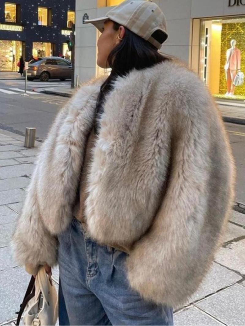 Women's Solid Color Faux Fur Jacket, Casual Long Sleeve Open Front Outerwear for Fall & Winter, Women's Coats for Daily Wear