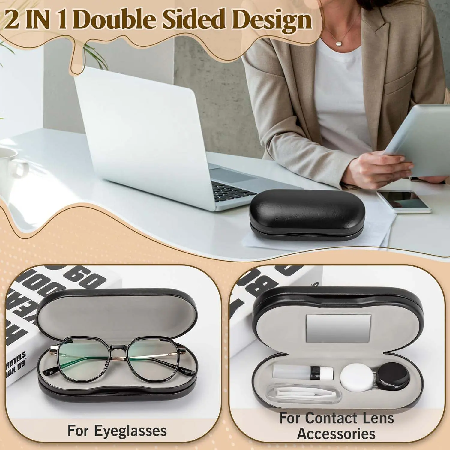 2 in 1 Contact Lens and Glasses Case Double Sided Portable Eyeglasses Case with Built-in Mirror Tweezer Remover and Contact Lens Solution Bottle Storage Kit for Travel Outdoors Daily Use