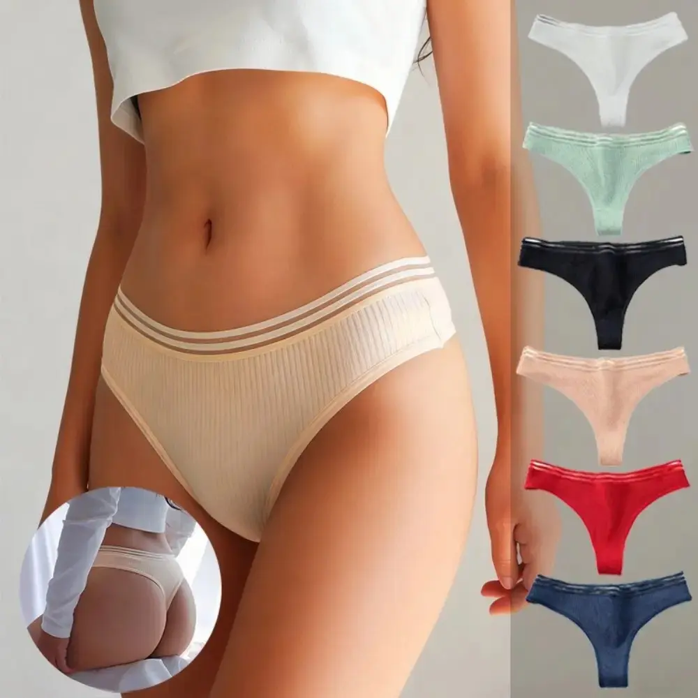 6 Pack Ribbed Knit Low Rise Thong | Viral No Show Stretch Underwear, Soft Breathable Invisible Panties for Daily Casual Outfit