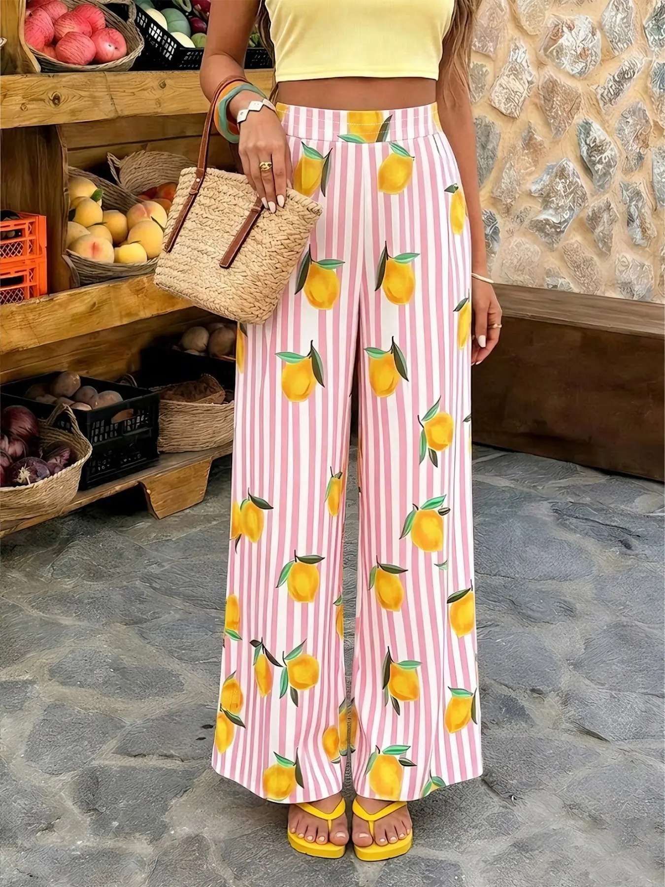 Striped Lemon Print Wide Leg Pants For Women Elastic High Waist Flowy Palazzo Trousers, Summer Beach Boho Lightweight Long Pants, Couple Matching Outfit, Perfect Gift For Her, Girlfriend Day Present, Tropical Seaside Daily Fashion Outfit