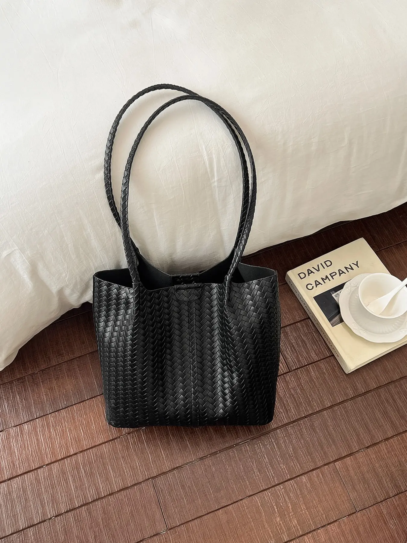 Large Capacity Commuter Tote Bag, One-Piece Woven Long Handle, Simple Solid Color Business Style, Laptop Shoulder Pouch