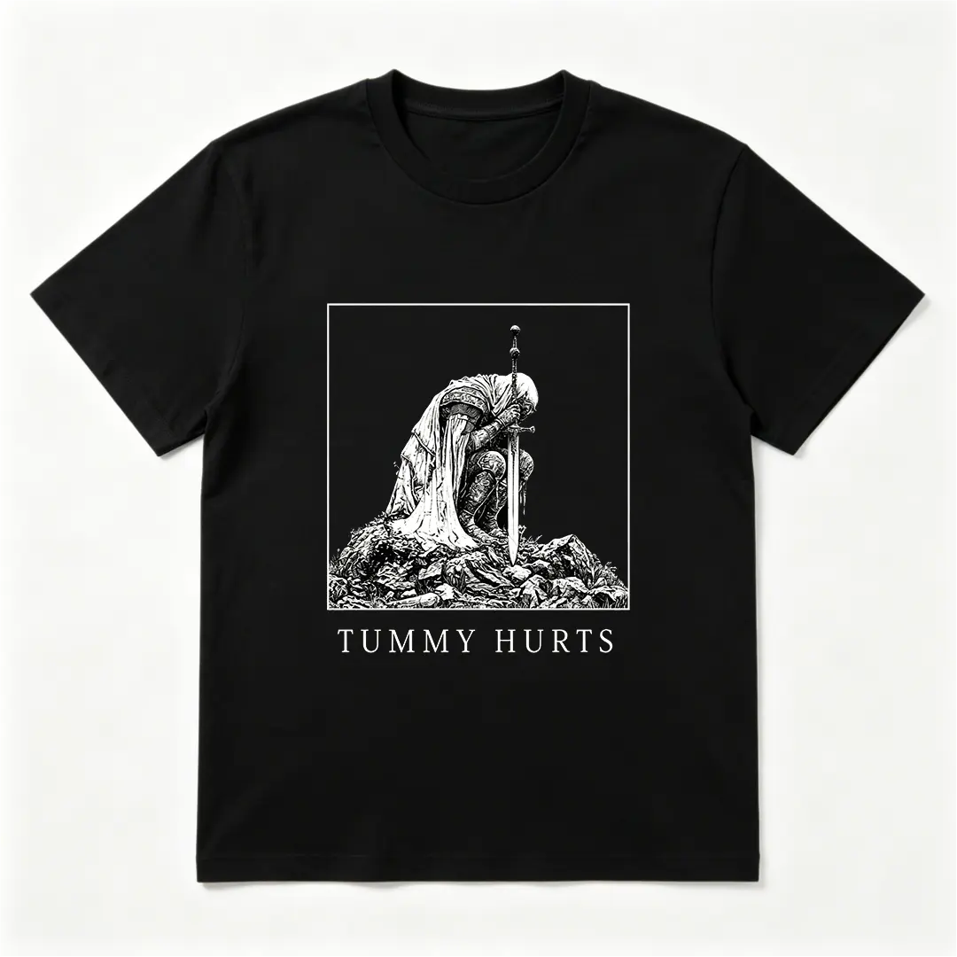 Funny Meme T-Shirt with 'My Tummy Hurts' Knight Graphic, Casual Streetwear Top with Short Sleeves and Round Neck for Men and Women, Shortsleeve, Tshirt, Menswear, Gift For Women, Funny Medieval Knight Design, Fashion, Meme Theme, Funny Quote