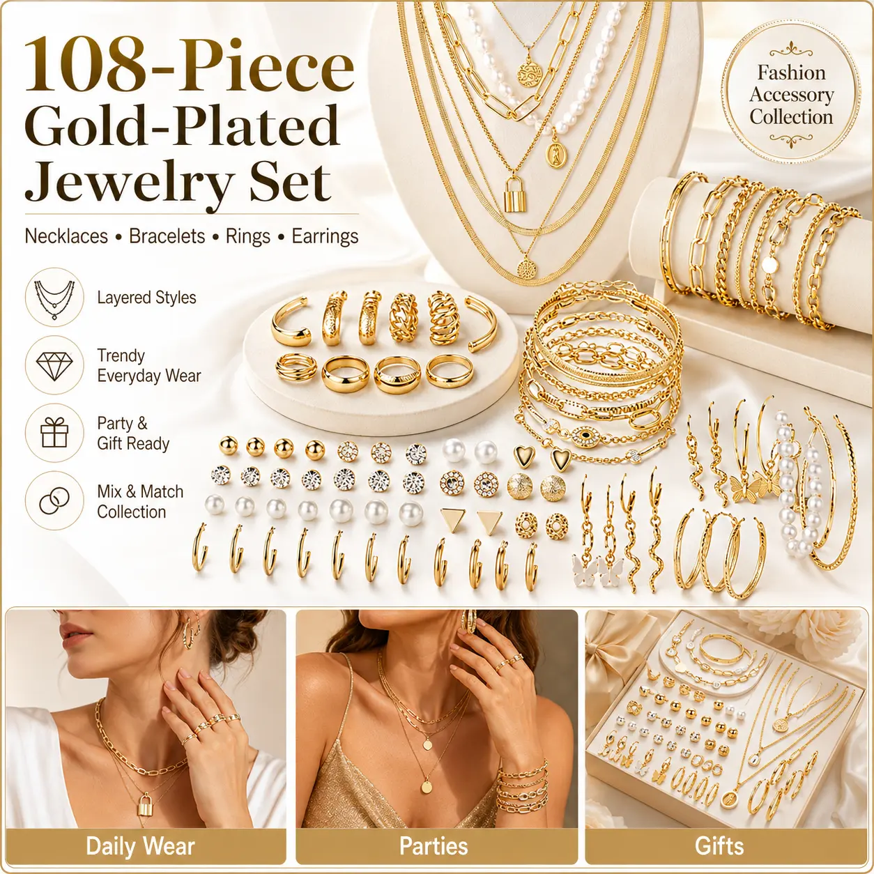 108-Piece Gold-Plated Jewelry Set for Women with Layered Necklaces, Bracelets, Rings and Earrings, Trendy Fashion Accessory Collection for Daily Wear, Parties and Gifts