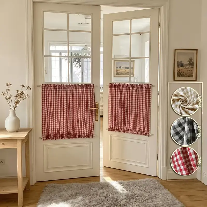 1pc American Country Style Plaid Fabric Short Drapes, Semi-Transparent Coffee Shop Curtains, Dual Rod Pockets, Suitable for Small Windows, Glass Doors, Bathrooms, Cabinets