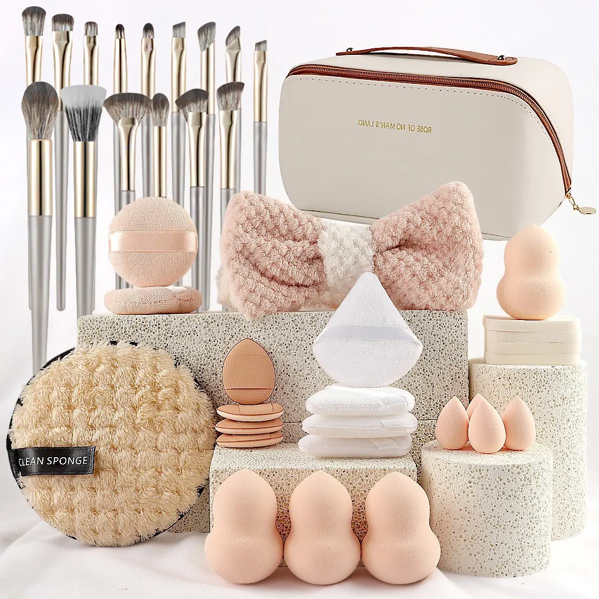 Professional Makeup Tool Set, 15 Soft Bristle Brushes, Beauty Brush Set, Sponge Pads, Large Cleaning Fluff, Waterproof Organizer Bag, Ideal Gift for Women